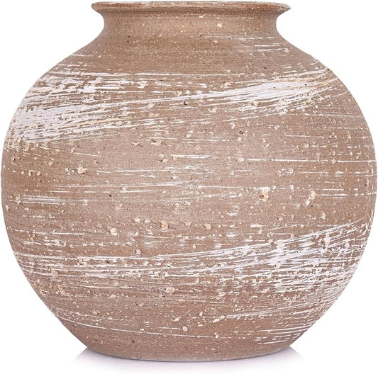 Rustic Terracotta Vase for Farmhouse Decor, Large Round Ceramic Vases for Home Decor, Wide Mouth Brown Clay Jug, Vintage Pottery Vases for Living Room, Kitchen, Table Centerpieces Rustic Home Decor