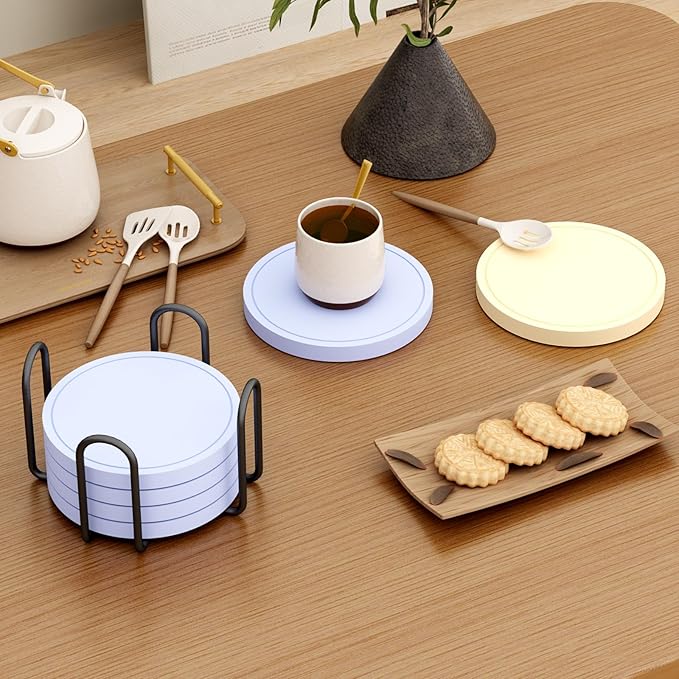 Azhou 6Pcs Drink Coaster with Holder, Baby Blue Absorbent Coasters for Drinks, Non-Slip with Velvet Bottom, Thick Heavy Duty 4 inch Ceramic Coasters, Home Decor Coffee Bar Accessories