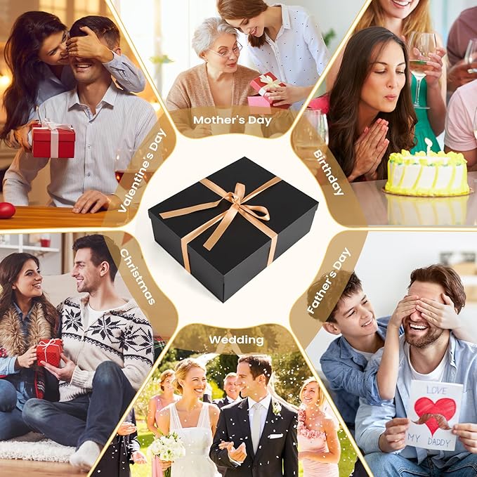 Gift Box, 16.5x13x5.5 inches Large Black Gift Boxes with Lids for Presents, Birthday Box Contains Card Ribbon Shredded Paper Filler, Gift Wrap Boxes for Valentine Mother's Day Christmas Anniversary