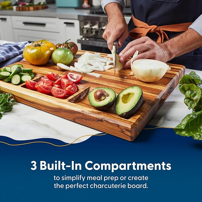 Sonder Los Angeles, XL Thick Teak Wood Cutting Board for Kitchen with Juice Groove, Sorting Compartments, Charcuterie Cheese Board 20x15x1.5 in (Gift Box Included)