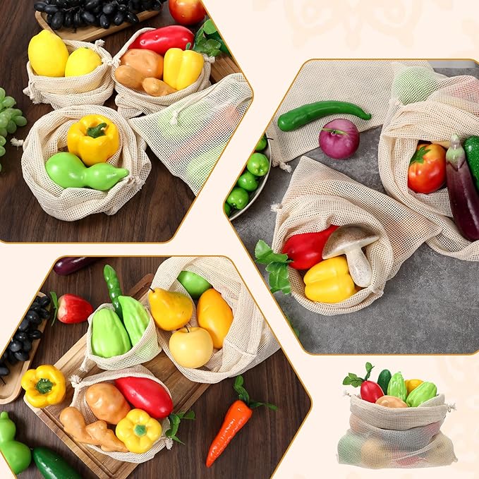 20 Pack Reusable Cotton Mesh Produce Bags Washable Grocery Vegetable Bags with Drawstring Farmers Market Bag for Grocery Shopping Fruits Storage Transporting Storing (4XXL,4XL,4L,4M,4S)