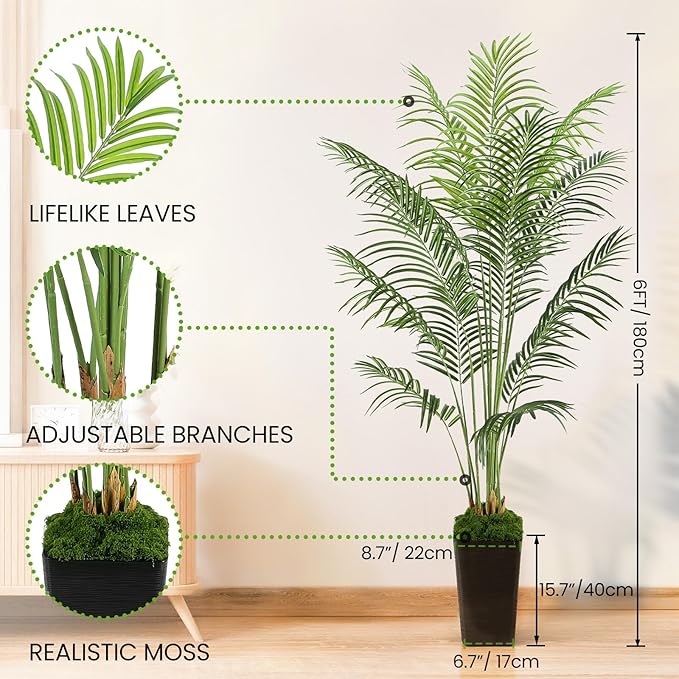 6FT Artificial Palm Tree, Tall Fake Tropical Areca Plant with Black Square Planter for Indoor Outdoor Home Decor, Realistic Faux Palm Tree for Living Room, Office, Porch, Garden