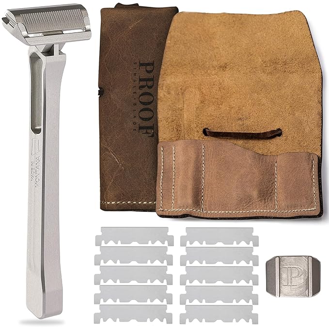 PROOF Select Single Blade Razor for Men with Pivoting Head Made in USA - CNC Machined Aluminum Easy Blade Replacement - Includes Genuine Leather Travel Case, Suction Cup Holder and Safety Razor Blades