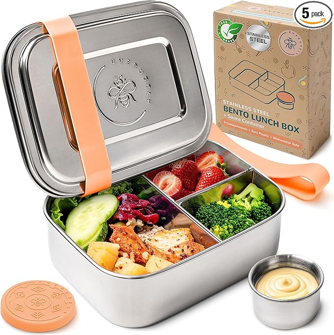 Everusely - Bento Box - Orange, 27oz / 0.8 L - Stainless Steel Lunch Box with Leakproof Condiment Container - 3 Compartment Snack Organizer for On the Go Meals - Freezer & Dishwasher Safe