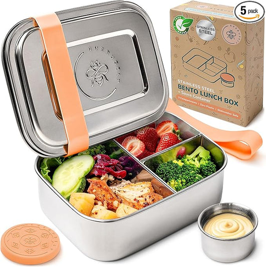 Everusely - Bento Box - Orange, 27oz / 0.8 L - Stainless Steel Lunch Box with Leakproof Condiment Container - 3 Compartment Snack Organizer for On the Go Meals - Freezer & Dishwasher Safe
