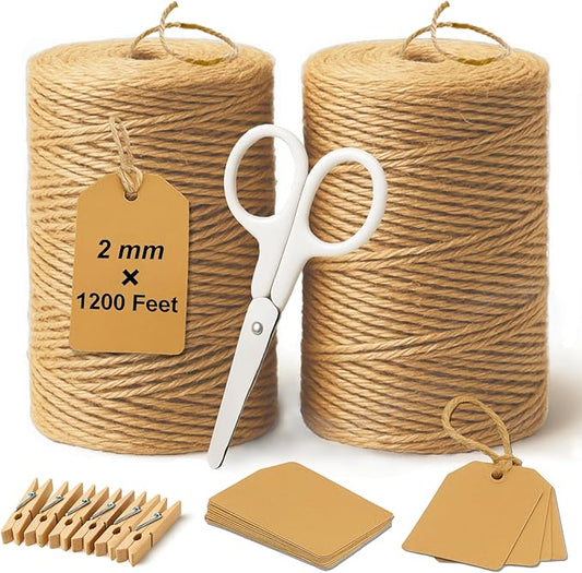 5 Pack Natural Twine String Suit: Jute Twine for Crafts Gardening Gift Wrapping Home Decor Knitting - 2mm 1200 Feet Jute Rope Twisted from 3 Ply - Suitable for Handicraft and Gardening Enthusiasts