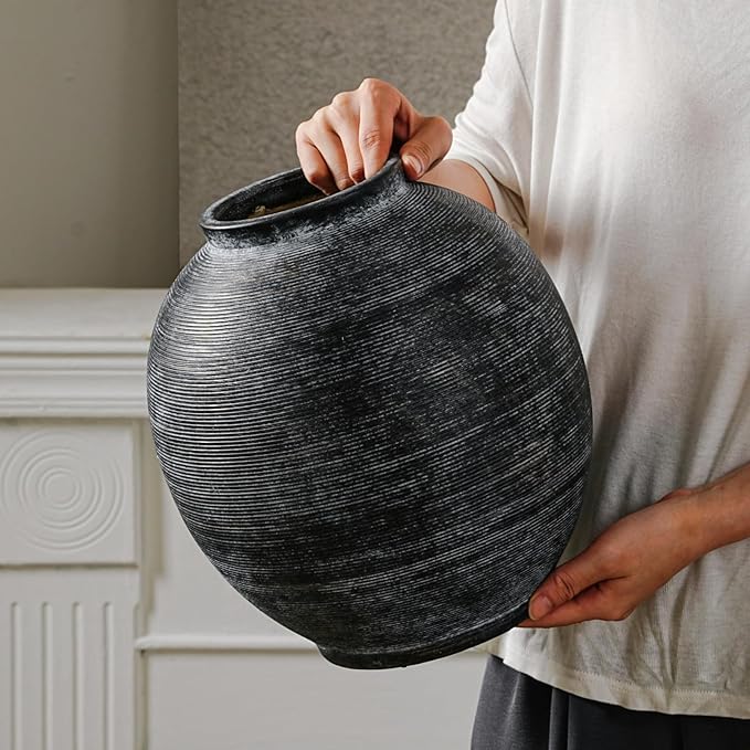 Large Black Ceramic Vase, 10.8 inch Round Minimalist Textured Floor Vase, Rustic Farmhouse Decor for Home, Living Room, Shelf, Table, Bathroom & Entryway Decoration (Black Bronze)