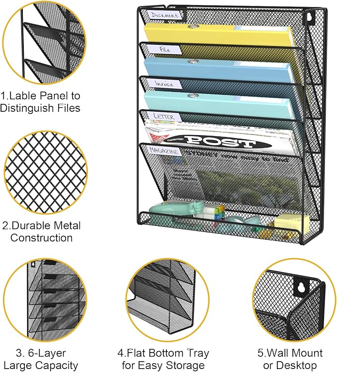 Hanging Folder Organizer Mesh 6 Tier, Wall File Organizer Hanging Paper Organizer, Wall Mount Mail Storage, Office Organization and Storage Rack for Home Office, Black