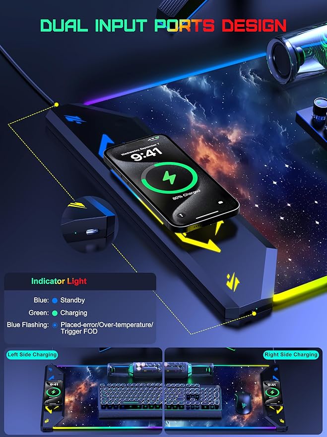 TopMade Wireless Charging Mouse Pad, RGB Gaming Mousepad, 35.4" x 15.8" Extra Large Waterproof Keyboard Desk Pad, Computer Desk Mat, Blue Nebula (Includes 20W PD Power Adapter & 6.56ft Woven Cable)