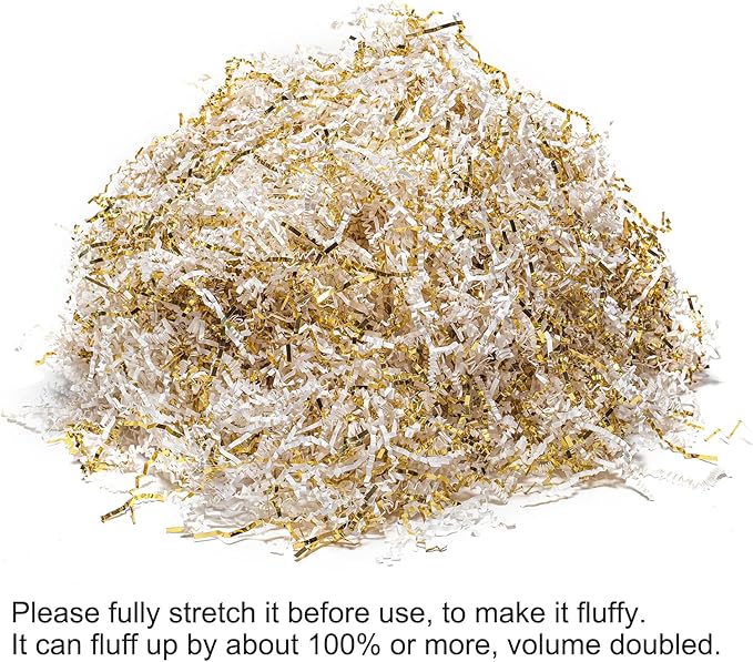 Mefleet 2 LB Crinkle Cut Paper Shred Filler White & Gold Crinkle Shredded Paper for Gift Box - Gift Basket Bag Filler - Grass Cushion Stuffing for Christmas Holiday Packaging Wrapping