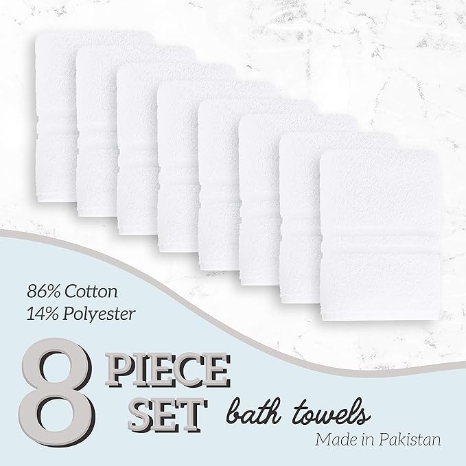 GREEN LIFESTYLE Luxury Bath Towel - White Large Bath Towels Pack for Spa, Gym, Bathroom, Hotel - 86% Cotton 14% Polyester -Super Soft, Thick and Absorbent 24 x 50 Bulk Bath Towel - (8-Pack)