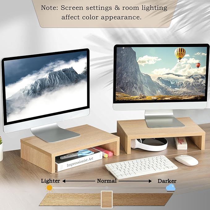TEAMIX Wood Monitor Stand Riser - 2 Pack Adjustable Dual Monitor Riser for Laptop/PC