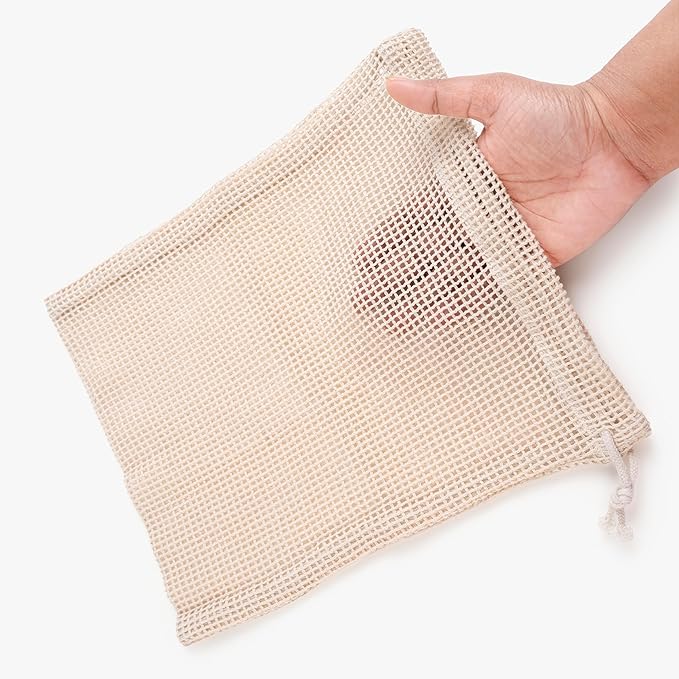 Premium Organic Reusable Mesh Produce Bags, Pack of 6(2L+2M+2S) Washable Mesh bags for Vegetables, Durable, Double Stitched Produce Bags, Machine Washable - Beige