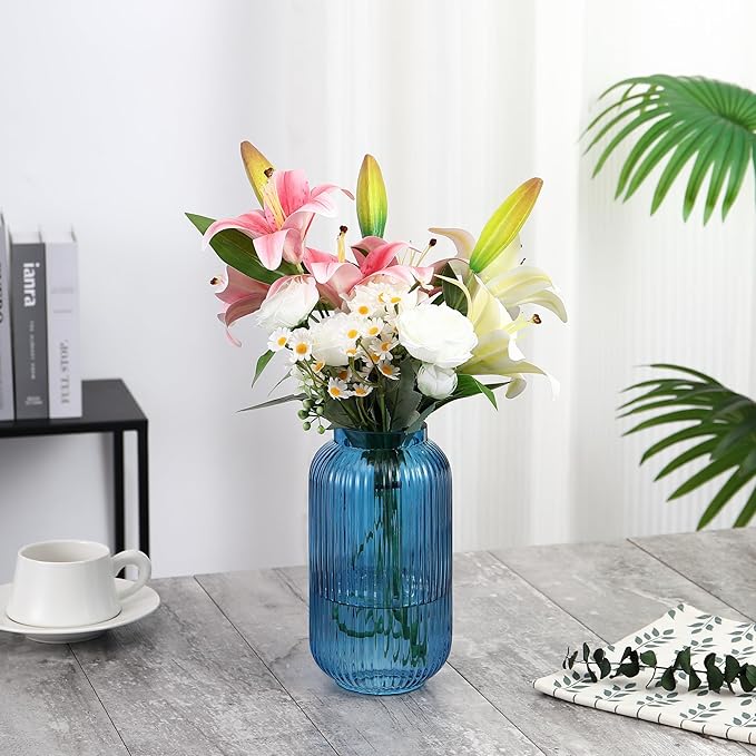 Ribbed Glass Vase, Blue Flower Vase for Bouquet, Glass Vases for Flowers, Modern Vases for Living Room, Bedroom, Kitchen, Dining Table, Office, Wedding, 8.6 Inches