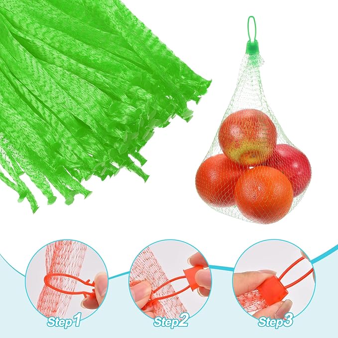 uxcell 100 Pcs Reusable Mesh Produce Bags, 40cm/16 Inch Washable Net Storage Bags Reusable Grocery Reusable Storage Bags with Plastic Buckle for Fresh Fruit Vegetables Seafood, Green