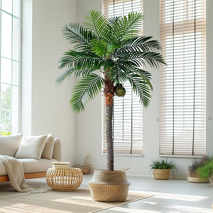 7.2FT Artificial Phoenix Palm Tree with Coconut Fruit Outdoor Indoor Decor Large Faux Coconut Silk Palm Tree Tropical Fake Tree Large Faux Sago Palm Plant for Home Yard Outside Patio Poolside