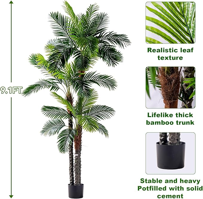 9.1FT Artificial Phoenix Palm Tree with Coconut Fruit Outdoor Indoor Decor Large Faux Coconut Silk Palm Tree Tropical Fake Tree Large Faux Sago Palm Plant for Home Yard Outside Patio Poolside