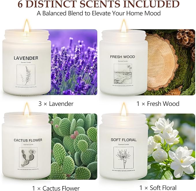 Scented Candle Gift Set, 6 Pack Lavender & Fresh Wood Soy Candles for Home, Long Lasting Aromatherapy Candles for Relaxation, Holiday & Christmas Gifts for Women