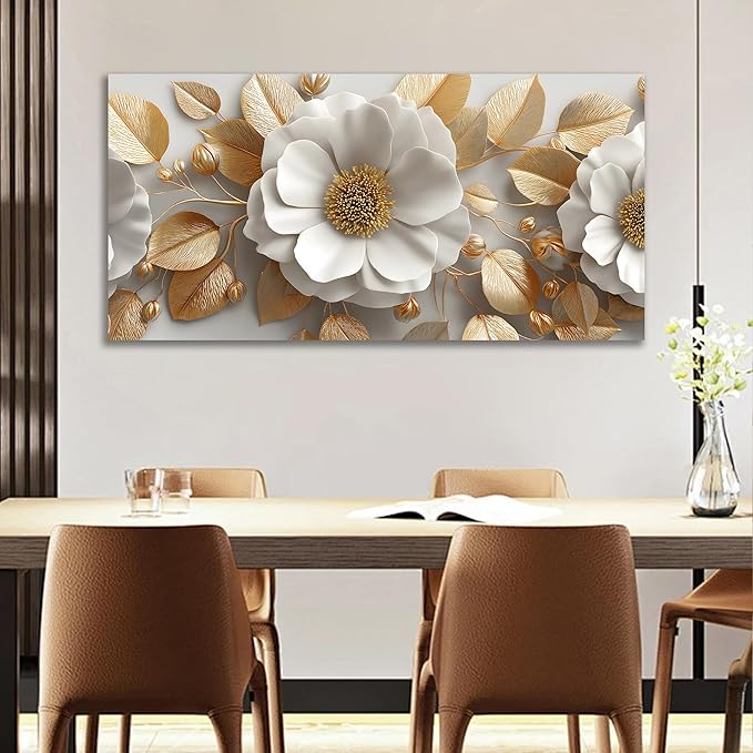 Tarfupth Floral Canvas Wall Art for Living Room Gold and White Flowers Large Botanical Artwork for Bedroom Office Home Decor Canvas Prints 24"x48"