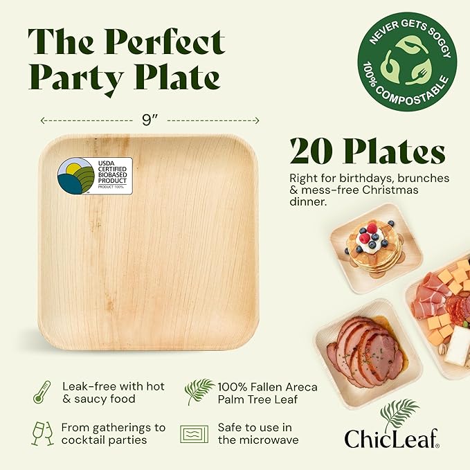 Chic Leaf Palm Leaf Disposable Bamboo Plates - Party Plates for Weddings & Event Appetizers, Christmas Dinner Family Meal - Biodegradable & Compostable - Party Supplies (9", 20 Pack)