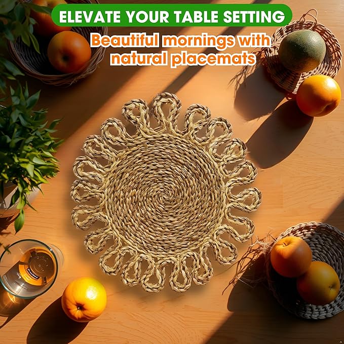 Handmade Round Woven Placemats Set of 6 – Natural Corn Husk Woven Place Mats – Heat Resistant, Non-Slip Wicker Table Mats – Rattan Round Placemats – for Dining, Weddings, Christmas & New Year Décor