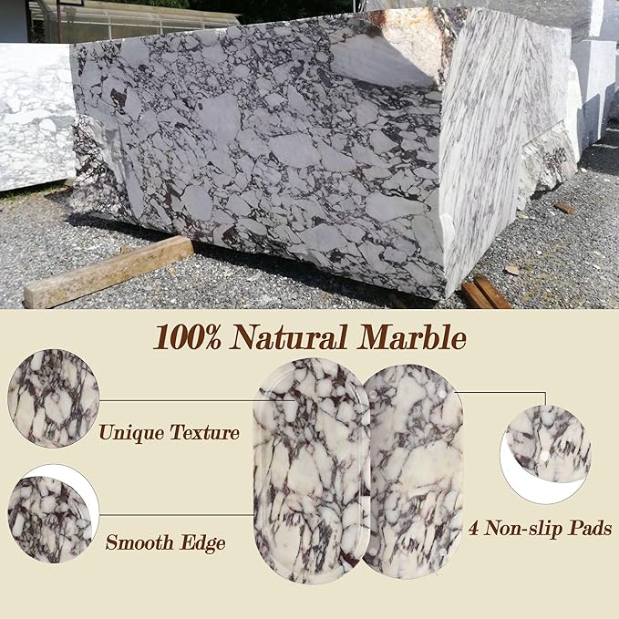 100% Real Natural Marble Tray for Bathroom, Luxury Calacatta Viola Stone Vanity Tray, Decorative Oval Trays for Countertop Storage Organizer, Dresser, Kitchen, Home Decor, 11.8" x 6", Purple