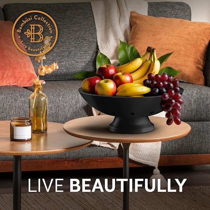 Black Wooden Fruit Bowl - Large Decorative Pedestal Bowl for Kitchen Counter & Dining Table Centerpiece, Modern Bamboo Serving Bowl for Fruits, Salads, Snacks, Keys, Bread, Entryway or Home Decor Gift