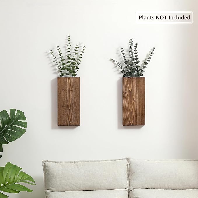 Wood Wall Planter Set of 2, Wood Wall Pocket for Greenery and Dried Flowers, Indoor Hanging Vase, Modern Farmhouse Wall Decor for Living Room Bedroom Office Eucalyptus Stems Decorations (Walnut)