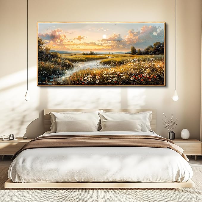 FUHAIHUA Wood Framed Canvas Wall Art For Living Room Wall Decor For Bedroom Office Wall Decoration Sunset Landscape Painting Farmhouse Pictures Artwork Room Aesthetic Home Decor 20x40 In