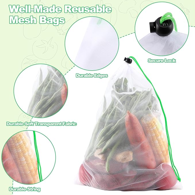 24 Pack Reusable Produce Bags,Mesh Produce Bags With Drawstring,See-Through Vegetables Fruits Bag,Washable Mesh Bags for Storage Fruit Vegetable Toys