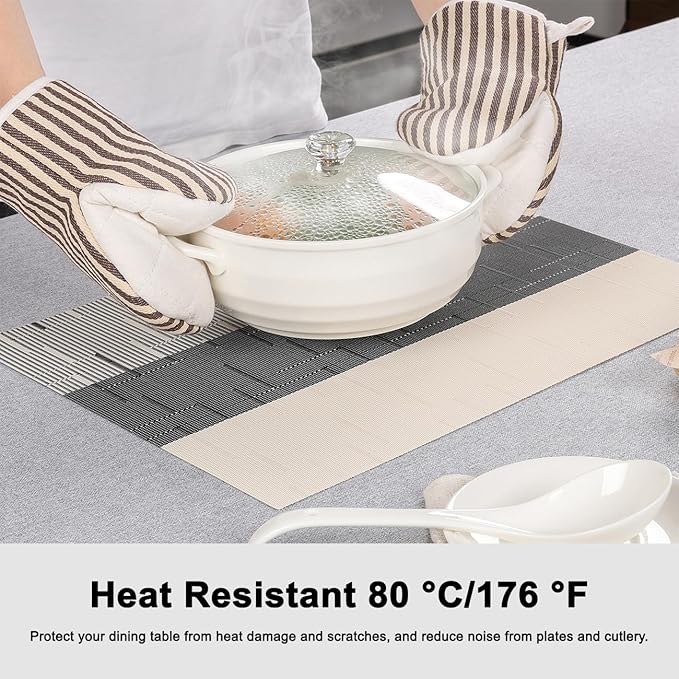 Placemats Set of 4, Vinyl Woven Place Mats Indoor Set of 4 Washable Wipeable PVC Table Mats Heat-Resistant Non Slip Plastic Placemat for Kitchen Dining Outdoor Table (Beige Black, Set of 4)