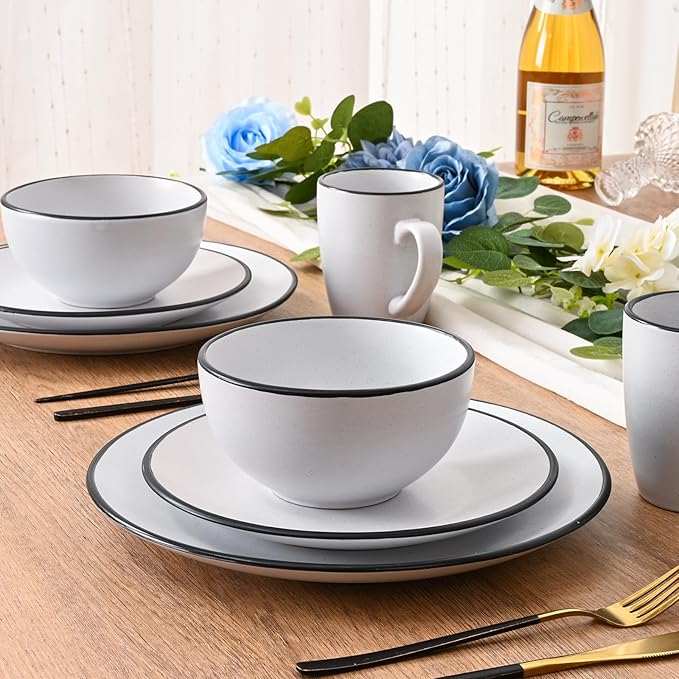 Homlouue 16 Pieces Stoneware Dinnerware Set, Speckled Ceramic Plates and Bowls Mugs Sets Service for 4, Ceramic Dishes Set, Microwave and Dishwasher Safe(White with Black Rim)
