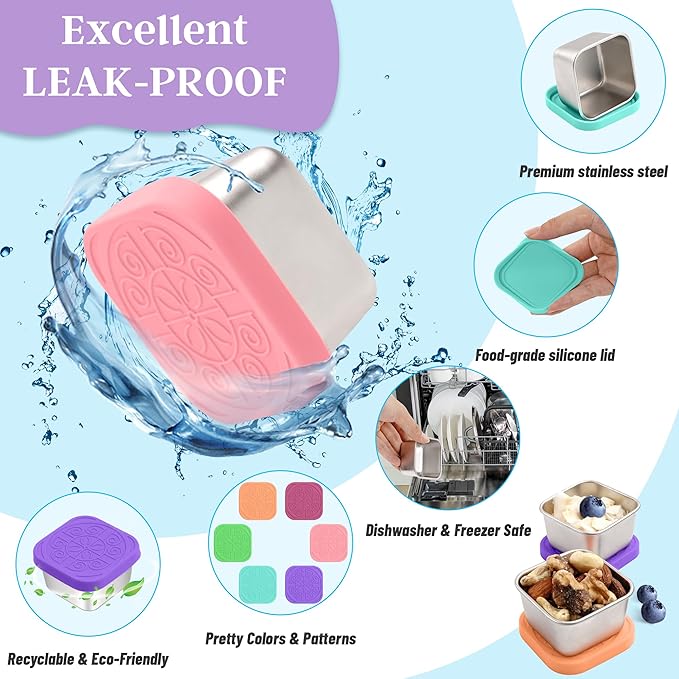 6x2.7 Oz Salad Dressing Container to Go,Handy Leakproof Stainless Steel Meal Prep Containers Reusable,Sauce Containers for Lunch Box, Picnics, Travel, Office and Kitchen Storage-Square