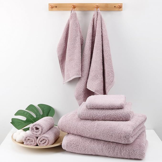 SEMAXE Bath Towel Set, 100% Cotton Absorbent Bathroom Towels with Hanging Loops and Nano-Bio Lifecycle Labels, 8 Piece Towel Set Include 2 Bath Towels, 2 Hand Towels, 4 Washcloths, Purple