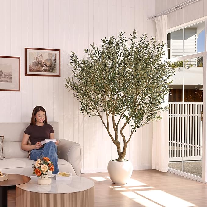 Olive Trees Artificial Indoor 8FT, Tall Faux Olive Tree with Round White Planter, Outdoor UV Resistant Large Fake Olive Plants, Modern Home Decor for Living Room Office Porch