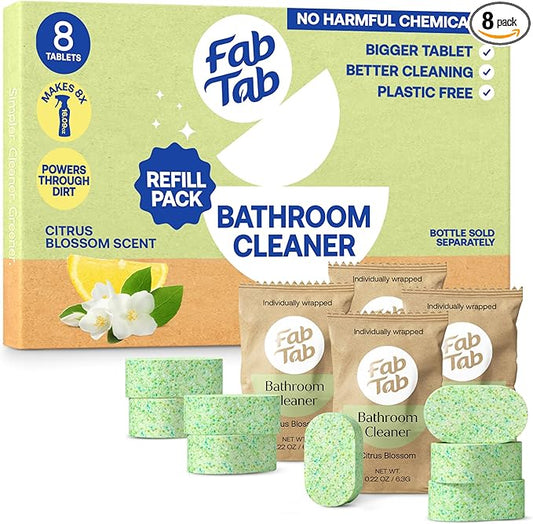 Fab Tab Bathroom Cleaner, Eco-Conscious Cleaning Tablets for Sparkling Bathrooms, Powerful Grime Remover, Citrus Scent, No Harmful Chemicals, Economical Refills - 8 Tablets (bottle not included)
