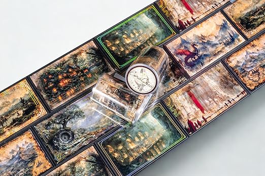 Fantasy Landscape Transparent Vintage Washi Tape 6x5 cm – Decorative Scrapbooking Craft Adhesive Roll, Magical Scenery, Enchanted World Illustration Design for Journals, Planners, Cards & DIY Projects