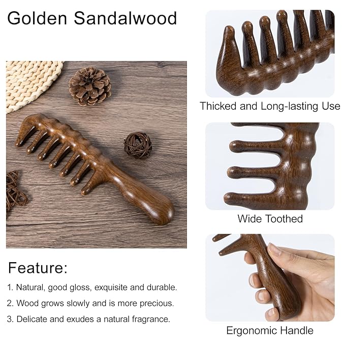 Wooden Wide Tooth Massage Comb, Large Thicken Natural Sandalwood Hair Combs for Curls, Women and Men, Detangles Long Thick Wet or Dry Hair, Head Scalp Massager, Anti-static (Golden)