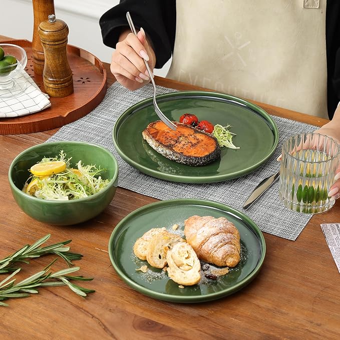 Vicrays Ceramic 12 Pieces Dinnerware Set - Dinner Plates Salad Plates Cereal Bowls Set Service for 4 - Scratch Resistant Microwave Oven Dishwasher Safe - Green