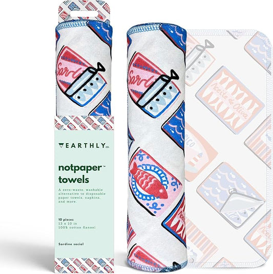 Reusable Paper Towels - 10 PACK - Roll of Washable Cotton Cloth Paper Towels - Paperless Reusable Napkins Cloth Washable - Absorbent + Long Lasting - Zero Waste Products - (Sardine Social)