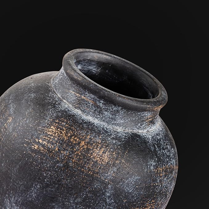 Ceramic Rustic Vase, 6 Inch Small Flower Farmhouse Vase Decorative Vase Short Pottery Vases for Home Decor Table Living Room Entryway Mantel Bookshelf Bedroom Bathroom Kitchen - Black