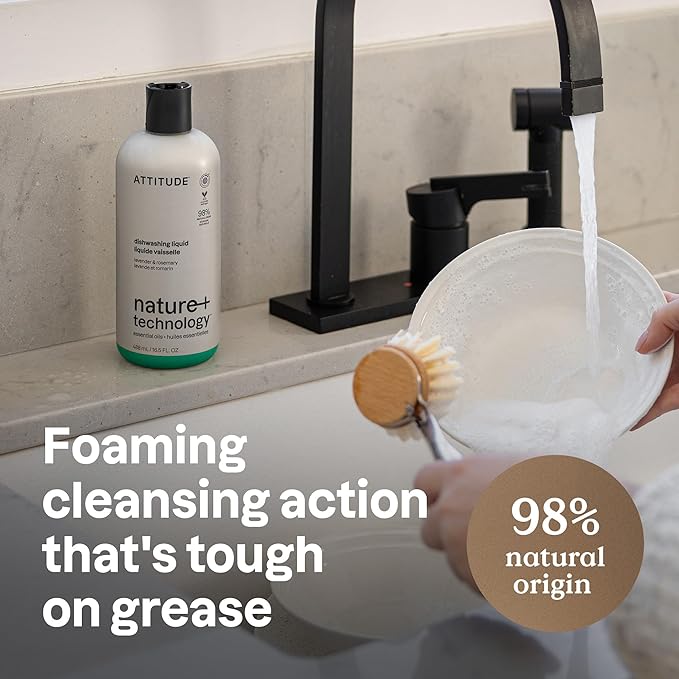 ATTITUDE Dish Soap, Infused with Essential Oils, Plant-Based Ingredients, EWG Verified, Great for Clean and Sparkling Dishes, Vegan Dishwashing Liquid, Lavender & Rosemary, 16.5 Fl Oz