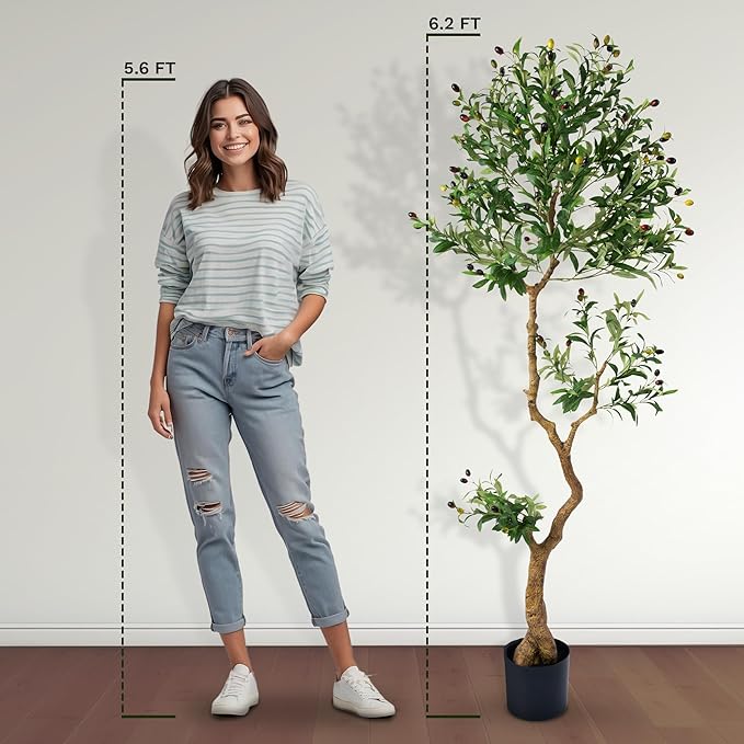 Fake Olive Tree 6.2 Feet – Artificial Plants Indoor, Faux Olive Tree, Fake Tree for Home Decor, Faux Trees Indoor for Living Room, Office, Bedroom – Tall Artificial Trees for Home, Designer Tree