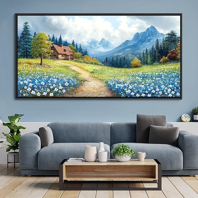 CHATYOUNG Large Mountains Wall Art, Rustic Blue Forest Wild Flowers Wall Picture Path Cottage Landscape Framed Wall Paintings for Living Room Bedroom kitchen Home Decor Gifts for Women 29"X58"