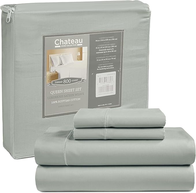 Deep Pocket Queen Sheets Set, Egyptian Cotton Sheets Queen Size Bed Set with Elasticated Fitted Sheet & Pillowcase Sets, Soft & Comfy 800 TC Sateen, No Pill & Shrink Luxury Bedding, Sage Green Sheet