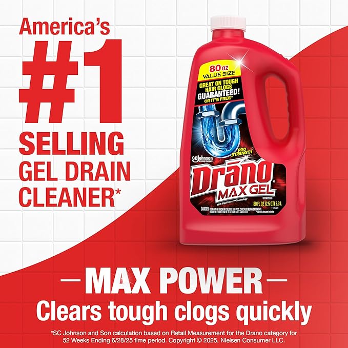 Drano Max Gel Drain Clog Remover and Cleaner for Shower or Sink Drains, Unclogs and Removes Hair, Soap Scum, Blockages, 32 oz