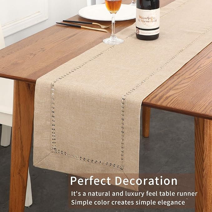 Tosewever Decorative Hemstitch Linen Table Runner Farmhouse Style Tabletop Collection Handcrafted Table Runners for Everyday Dining Wedding Party Holiday Home Decor (14 x 72 Inches, Light Coffee)