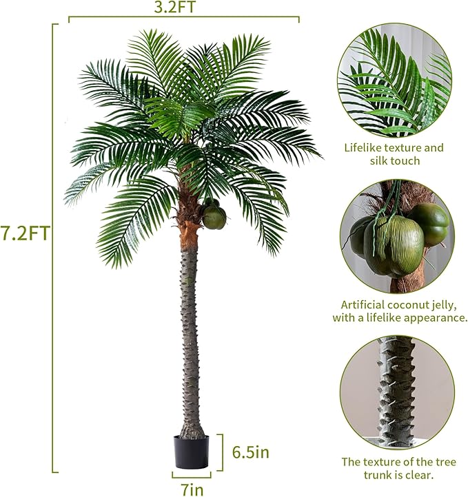 7.2FT Artificial Phoenix Palm Tree with Coconut Fruit Outdoor Indoor Decor Large Faux Coconut Silk Palm Tree Tropical Fake Tree Large Faux Sago Palm Plant for Home Yard Outside Patio Poolside