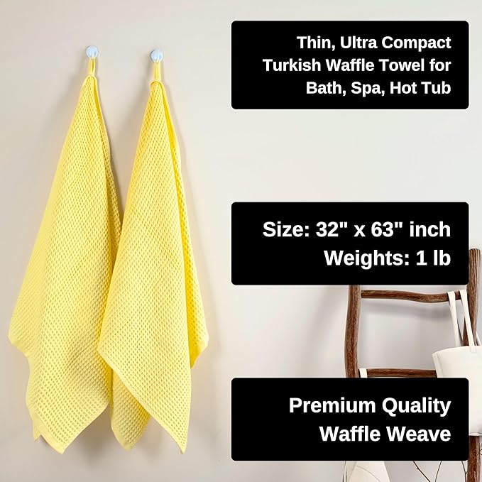PÜSKÜL Premium Waffle Bath Towels Set of 2 - Organic 100% Turkish Cotton Bath Towel - Quick Dry, Absorbent, Light, Thin, 32x63 Large Waffle Towels for Bathroom (Yellow Bath Towels - Pack of 2)
