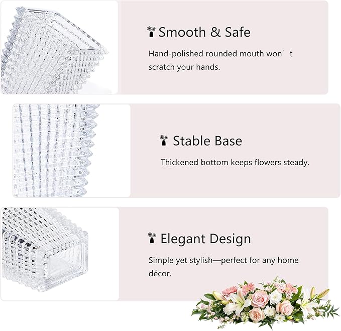 VECELO Crystal Glass Vase for Flowers, 11 Inch Clear Decorative Centerpiece Vase, Modern Square Textured Flower Vase for Dining Table, Wedding, Living Room, Office Decor